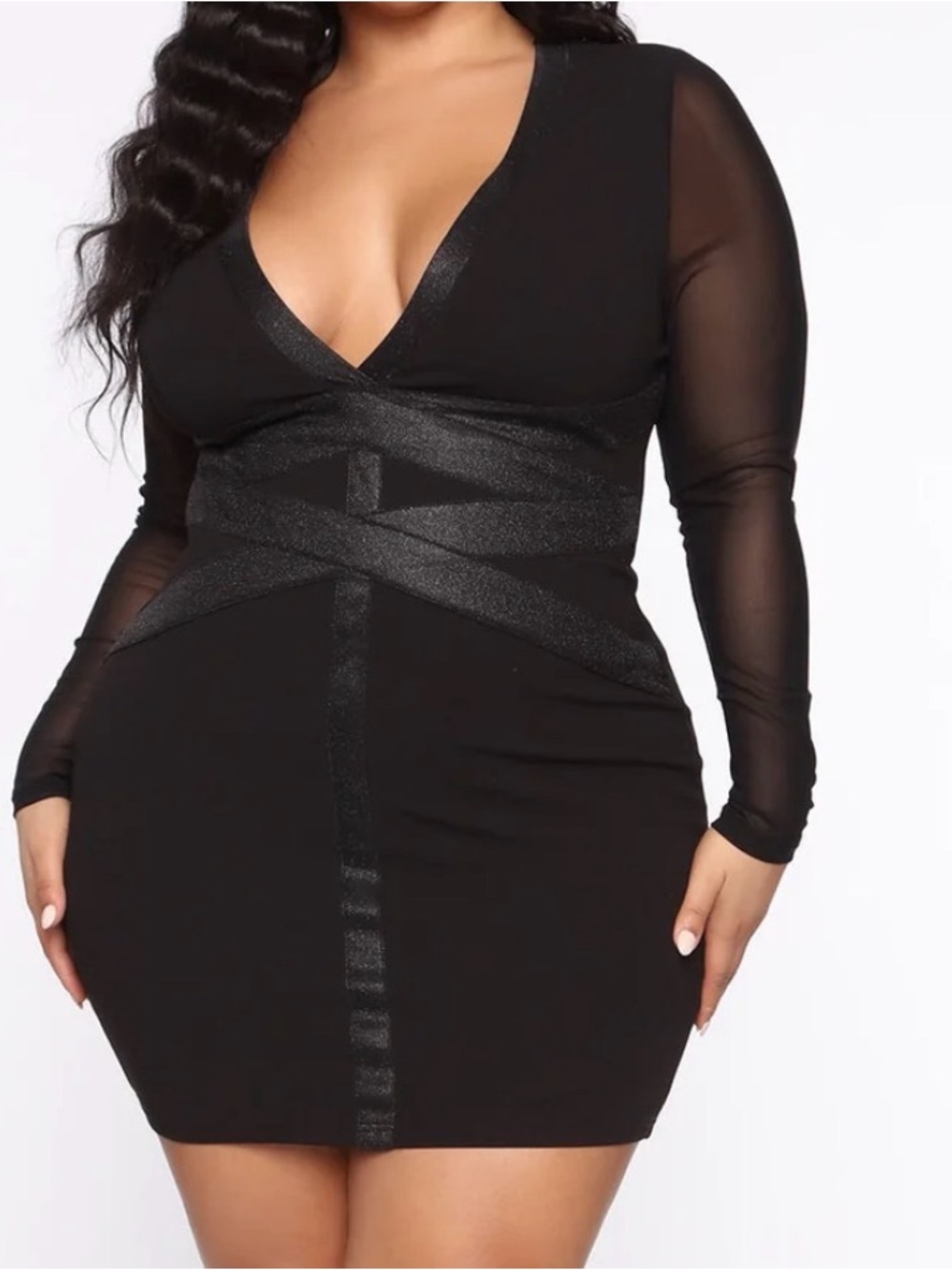 Fashion Nova Black Long Sleeve Sheer-Sleeve V-Neck Bodycon Dress